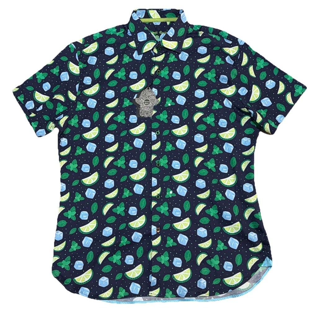 LUCHIANO VISCONTI BLACK Shirt Large blue Limes Ice Cubes short sleeve NWT